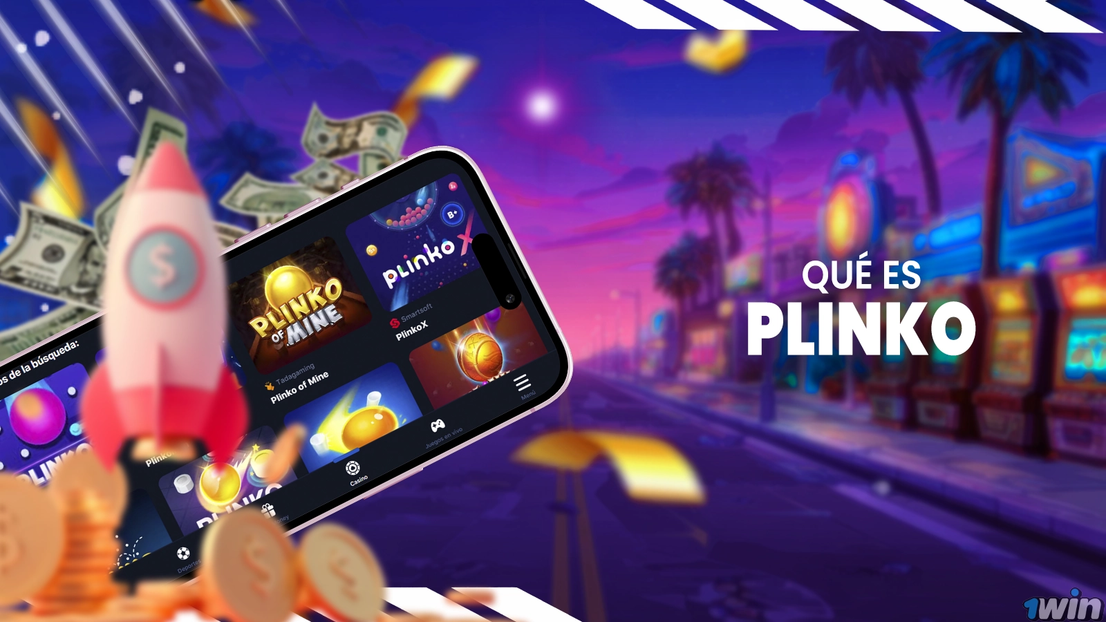 Jugabilidad del juego Plinko con una bola en la plataforma 1win